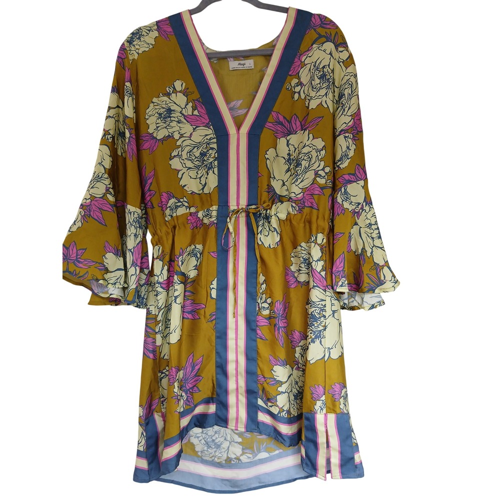 Maaji Women's Floral Print V Neck Drawstring Waist Bell Sleeve Dress Large